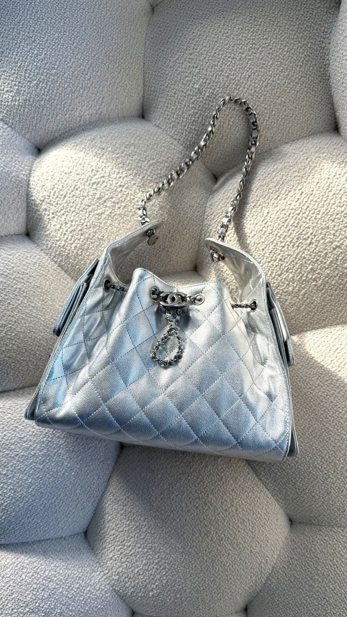 Chanel 25 Small Hobo Metallic Silvery Grained Calfskin