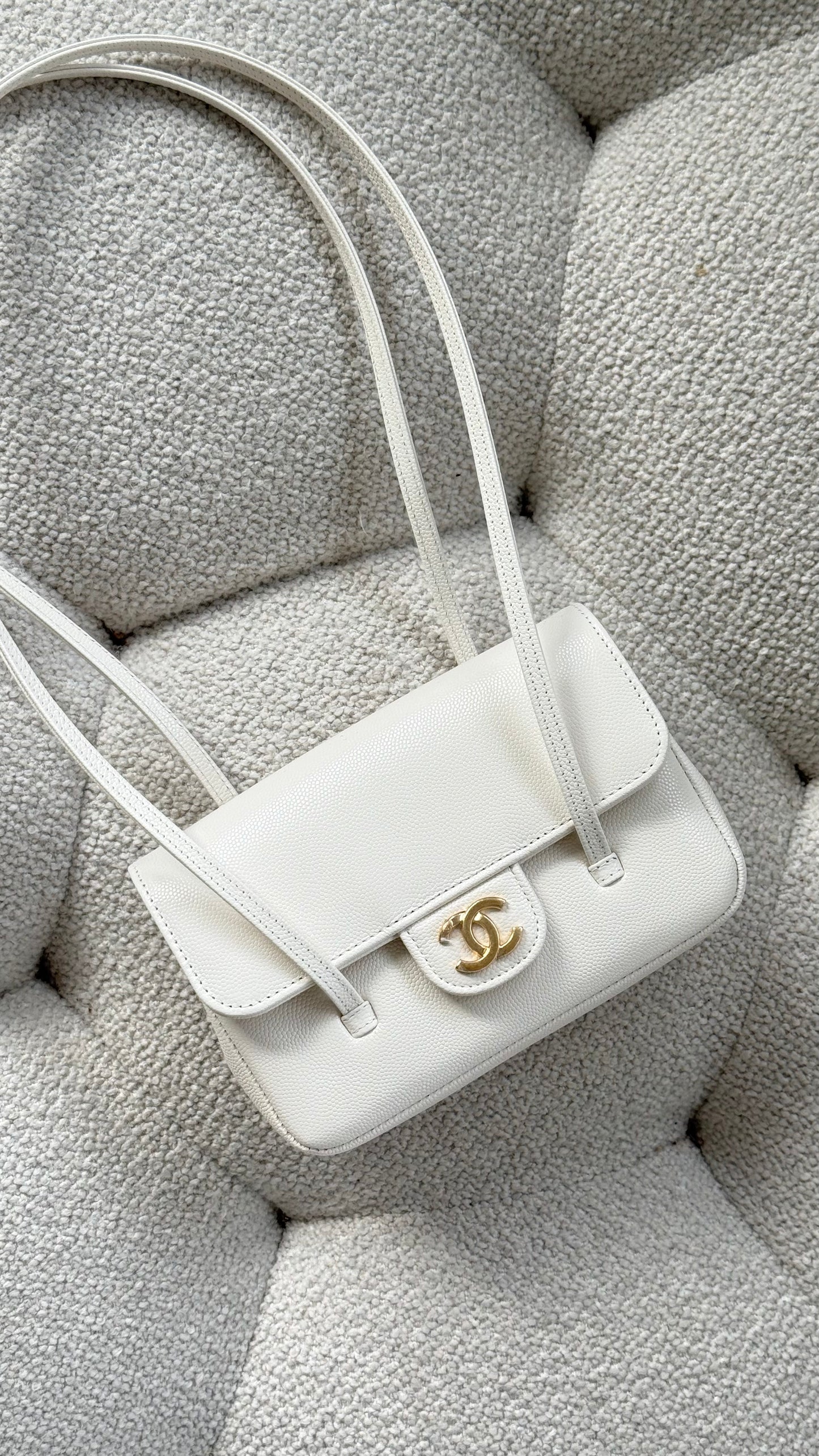 Chanel 26 Mini Clutch with Leather Strap Grained Shiny Calfskin & Gold-Tone Metal White