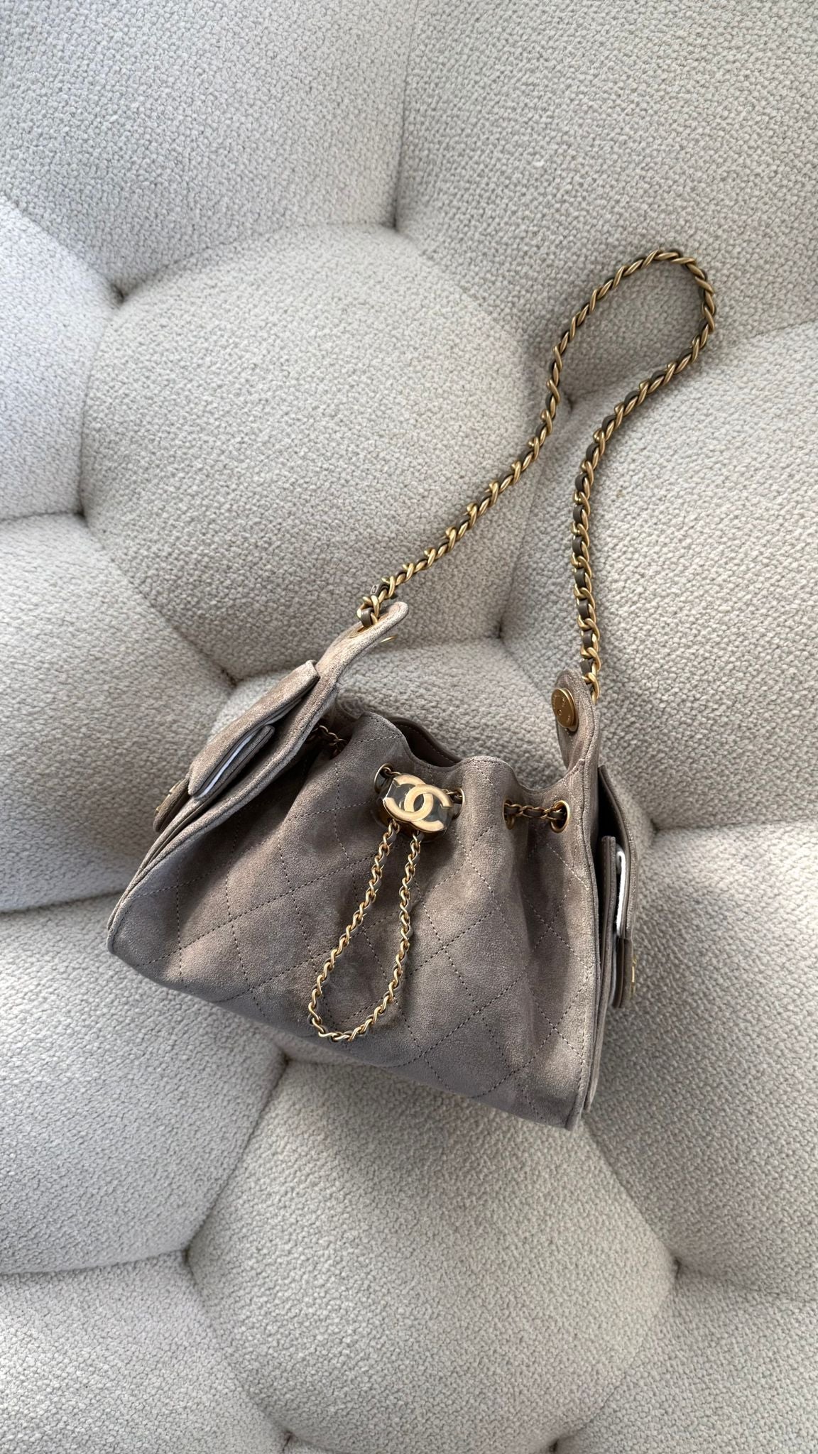 Chanel 25 Mini Handbag Suede Calfskin Grey Gold-Tone Metal
