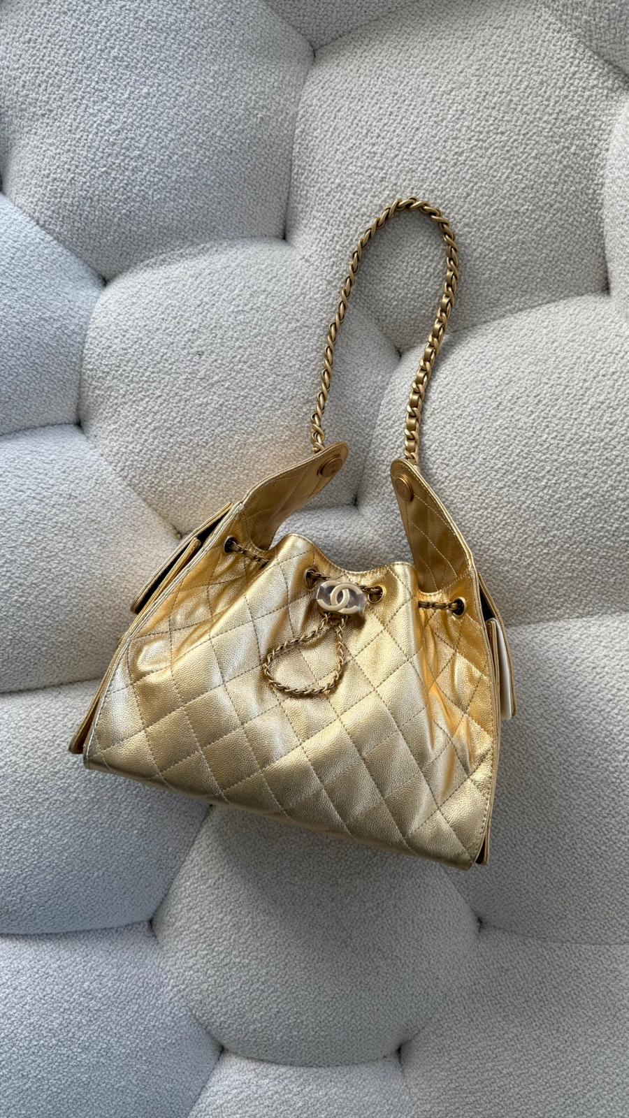 Chanel 25 Small Handbag Metallic Grained Calfskin Gold Gold-Tone Metal