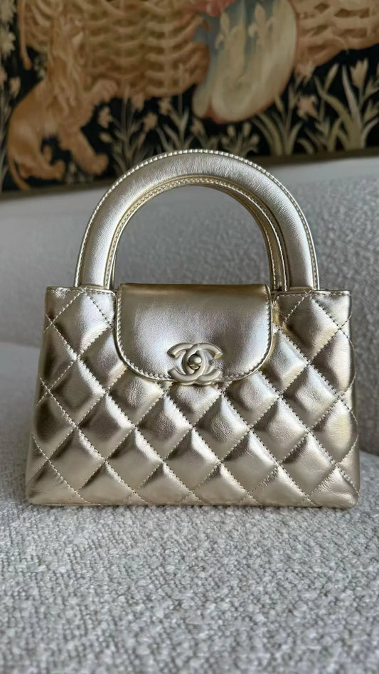 Chanel "Kelly" Mini Shopping Bag Metallic Calfskin Golden Light Gold-Tone Metal