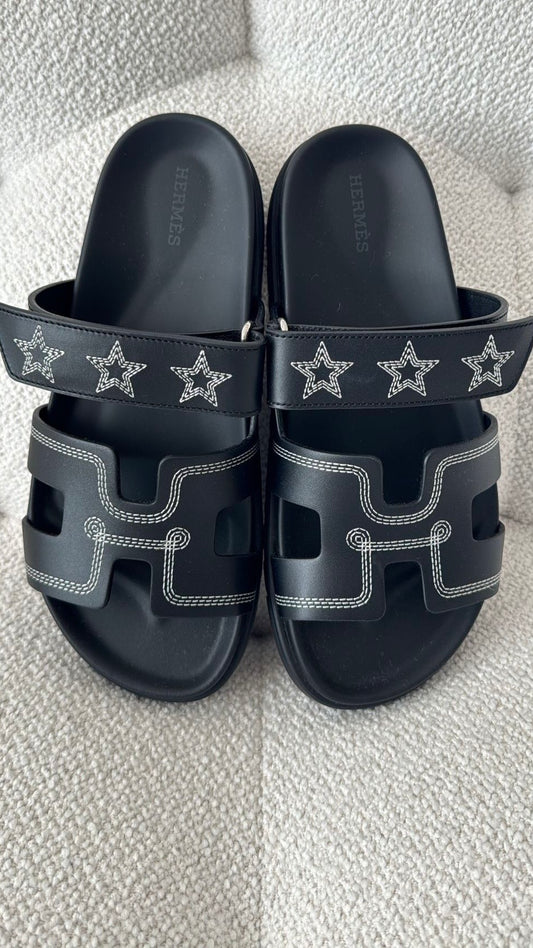 Hermès Chypre Sandals Calfskin Black with White Stars