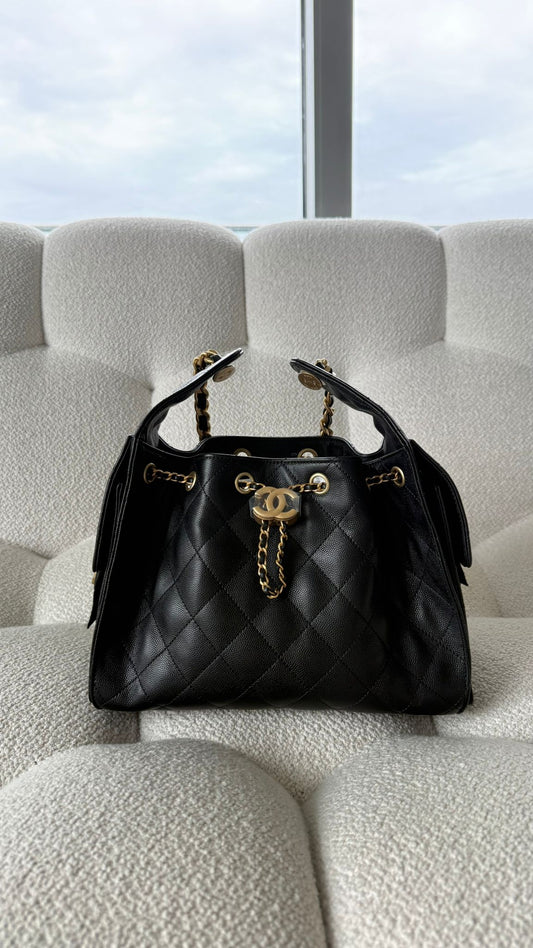 Chanel 25 Small Hobo Crained Calfskin Black