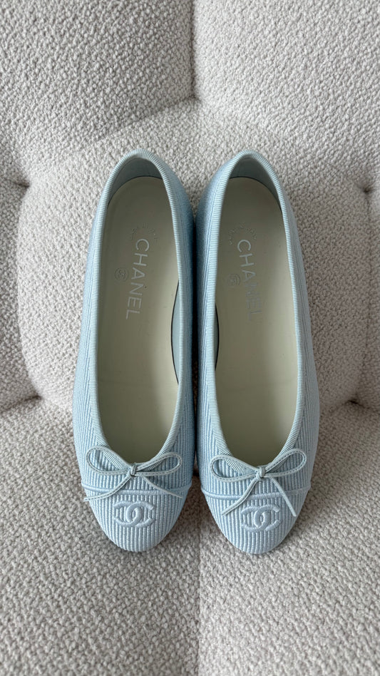 Chanel Ballet Flats Embroidered Fabric Light Blue
