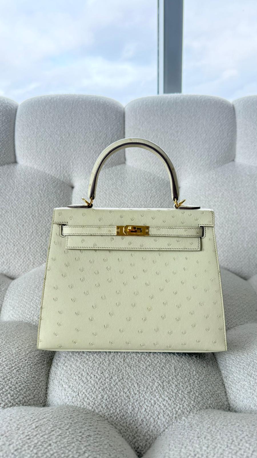 Hermès Kelly 25 Selllier Ostrich Beton GHW U