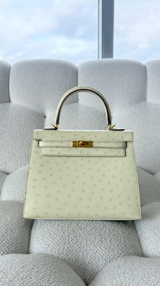 Hermès Kelly 25 Selllier Ostrich Beton GHW U