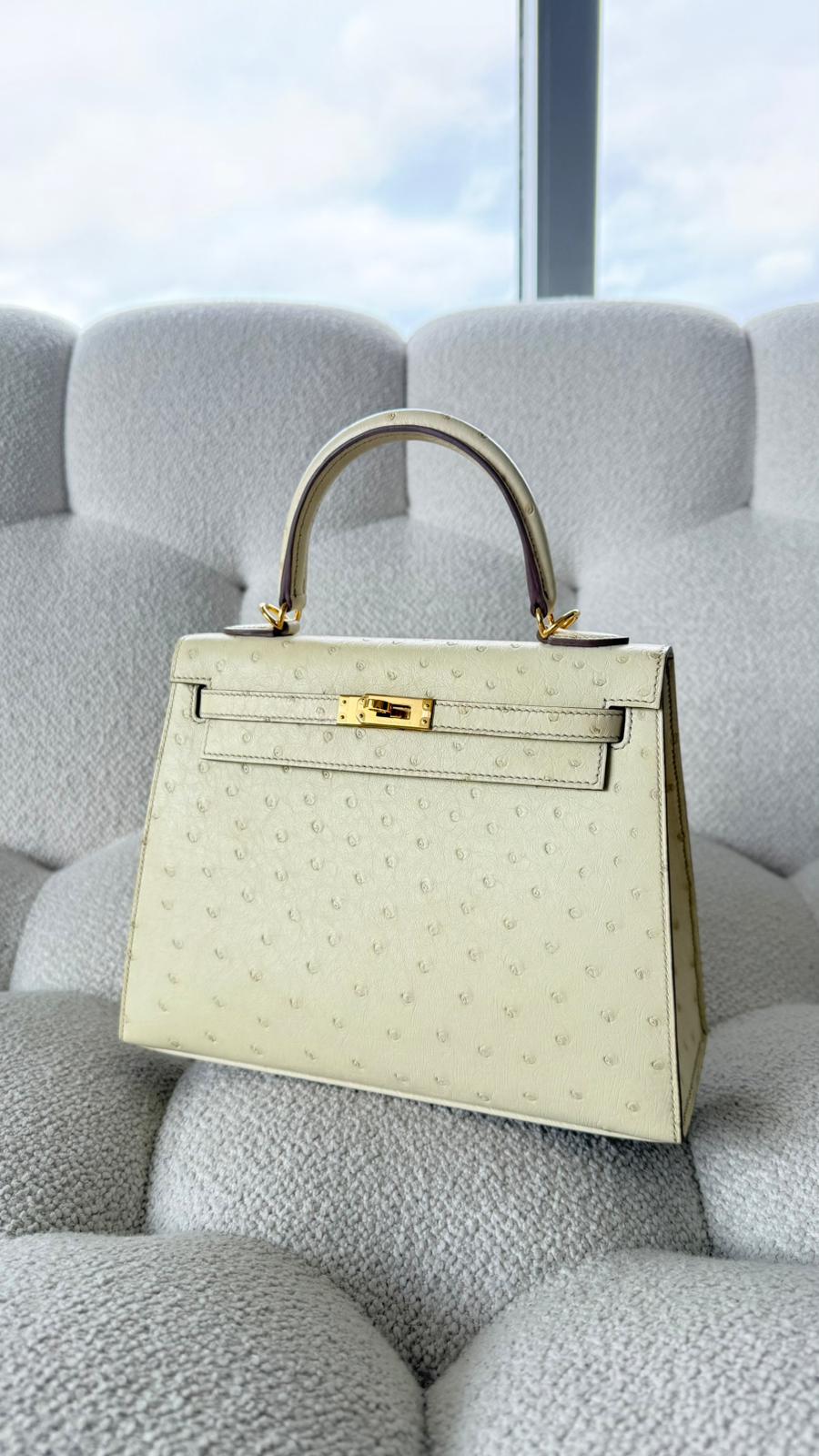 Hermès Kelly 25 Selllier Ostrich Beton GHW U