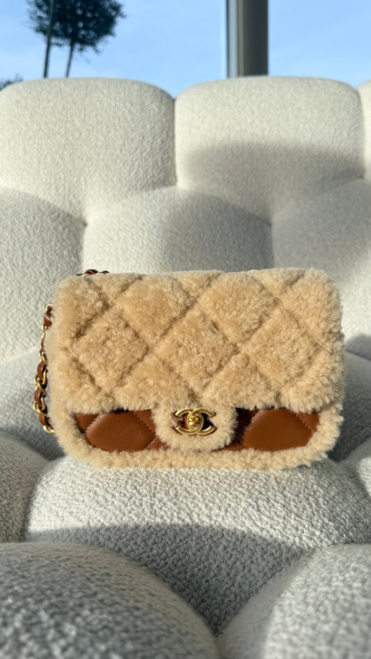 Chanel Mini Flap Bag Shearling & Lambskin Beige & Brown Gold-Tone Metal