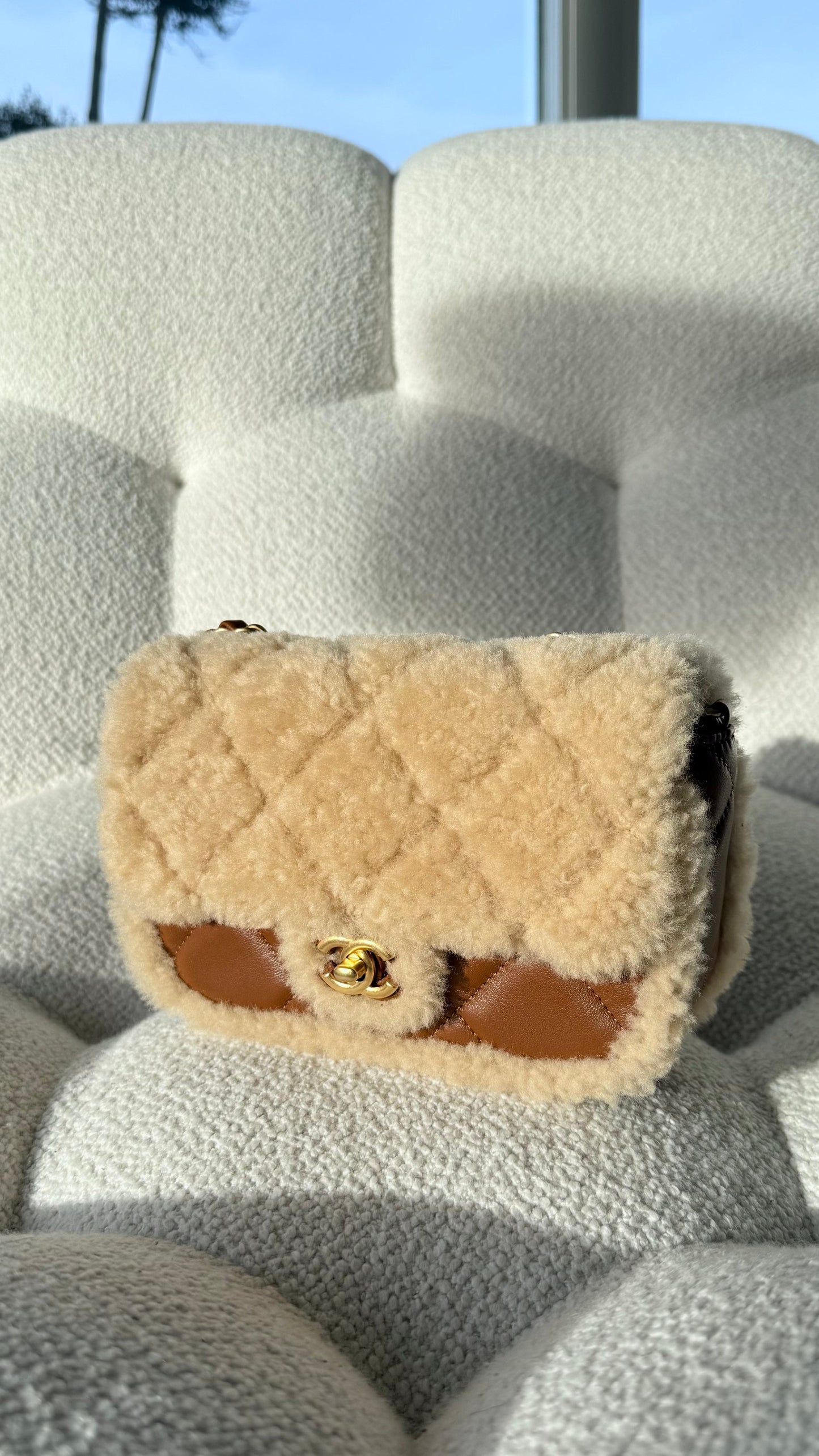 Chanel Mini Flap Bag Shearling & Lambskin Beige & Brown Gold-Tone Metal