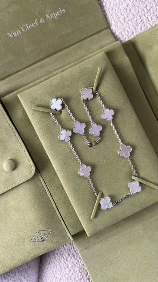 Van Cleef & Arpels Vintage Alhambra Necklace 10 Motifs 18k White Gold Mother of Pearl