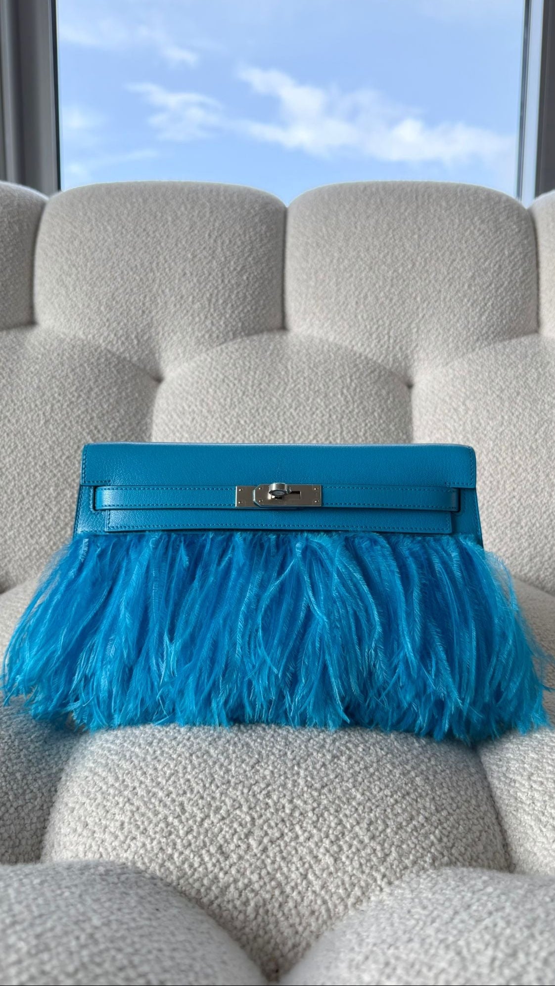 Hermès Kelly Elan Folie Chèvre & Ostrich Feathers Bleu Frida PHW B (Jun/24)