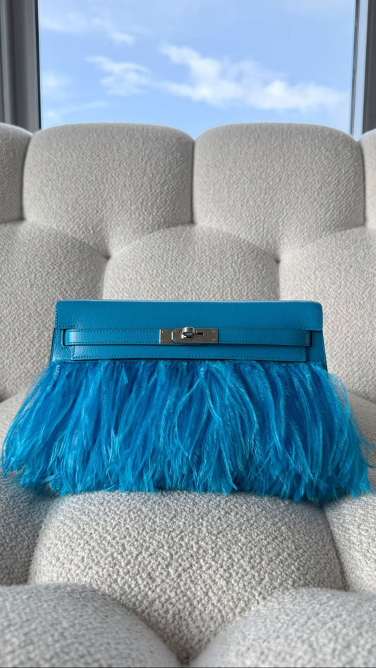 Hermès Kelly Elan Folie Chèvre & Ostrich Feathers Bleu Frida PHW B (Jun/24)