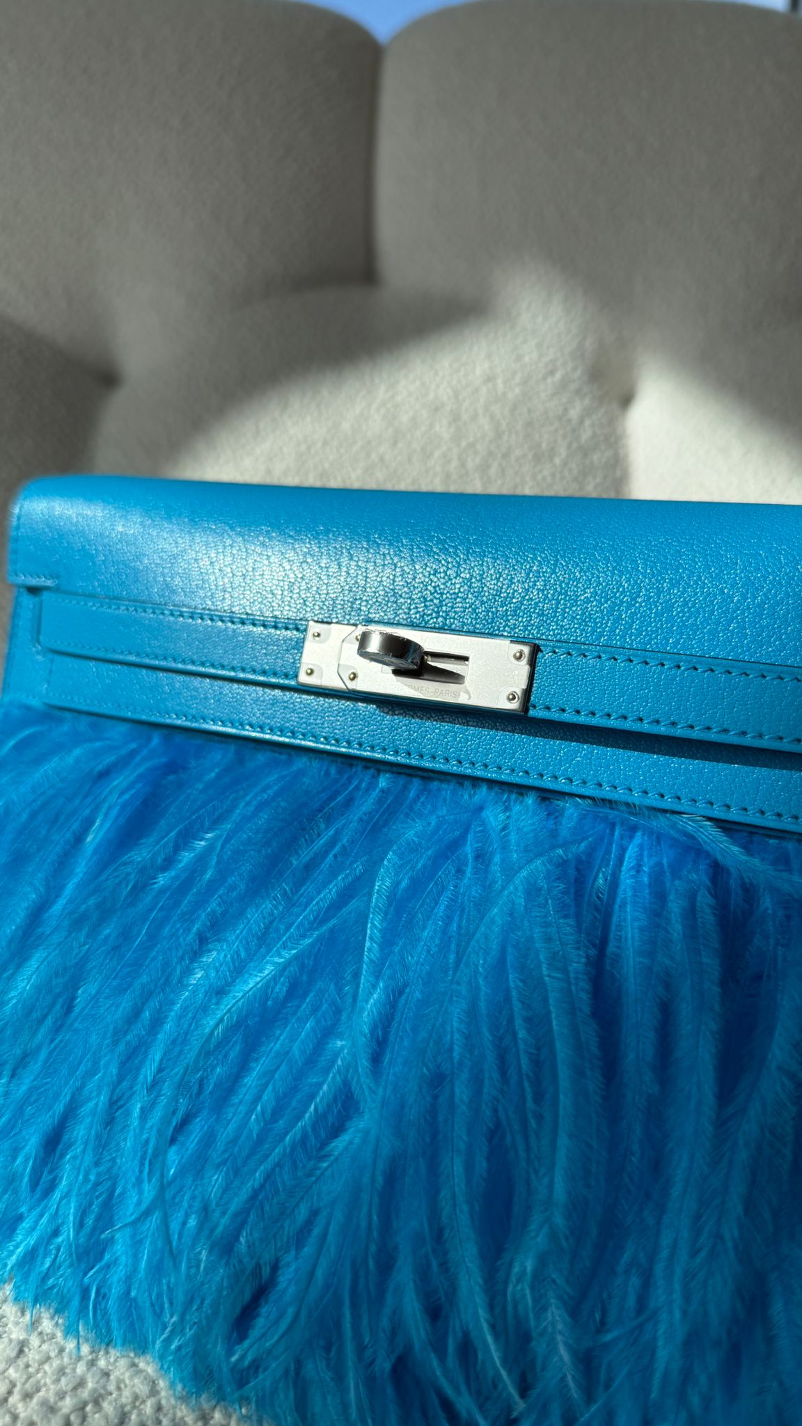 Hermès Kelly Elan Folie Chèvre & Ostrich Feathers Bleu Frida PHW B (Jun/24)