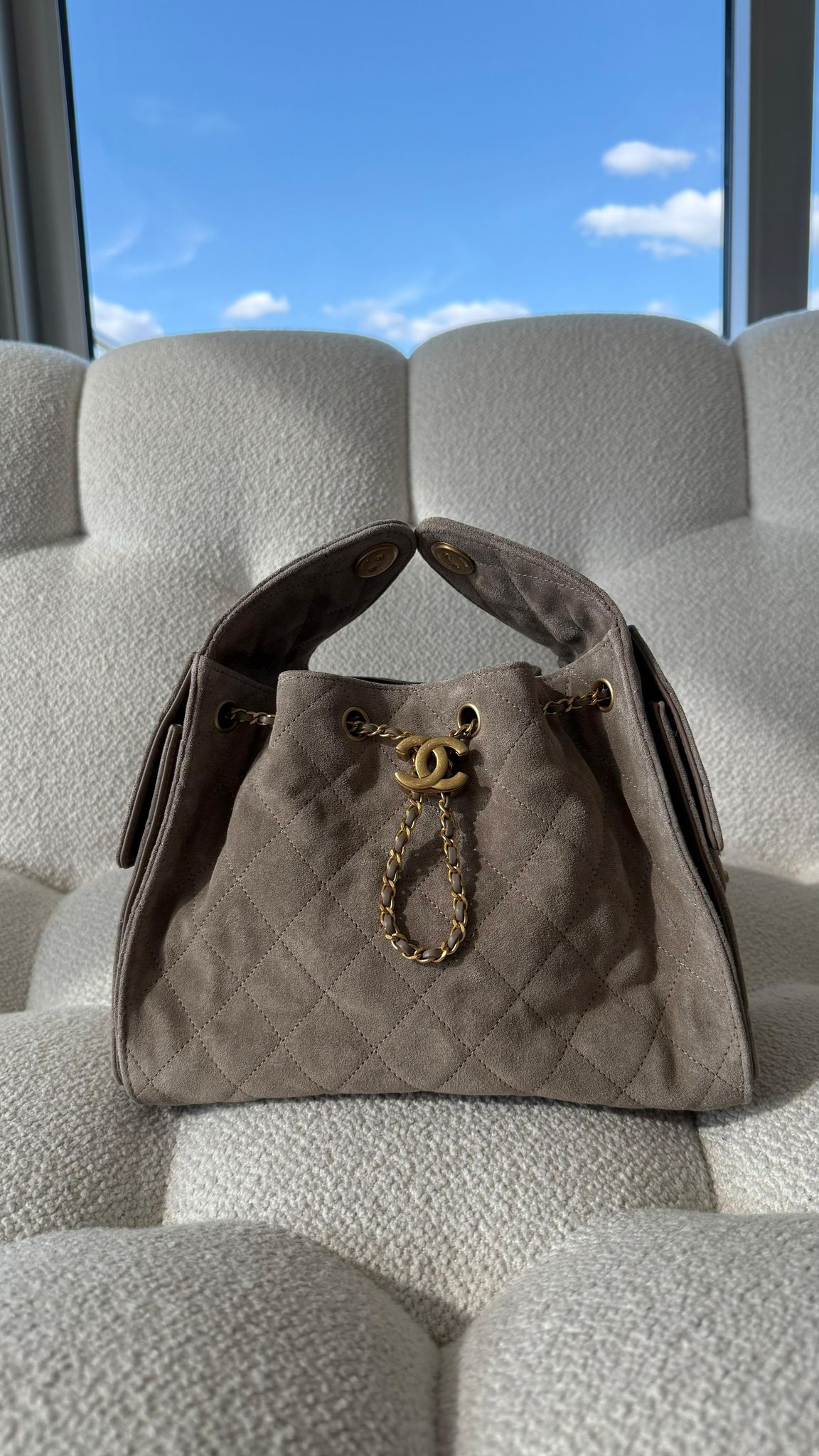 Chanel 25 Small Handbag Suede Goatskin Dark Grey Gold-Tone Metal