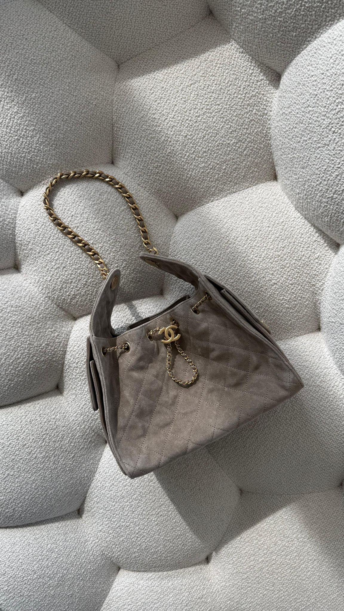 Chanel 25 Small Handbag Suede Goatskin Dark Grey Gold-Tone Metal