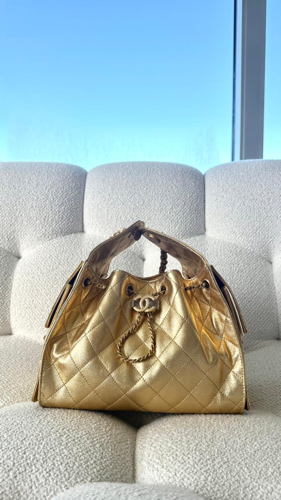 Chanel 25 Small Handbag Metallic Grained Calfskin Gold Gold-Tone Metal