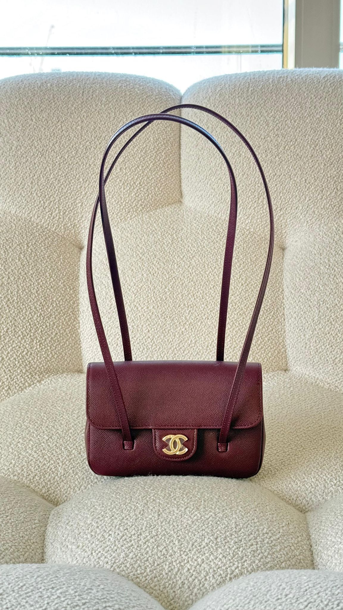Chanel 26 Preppy Coco Clutch with Leather Strap Grained Shiny Calfskin & Gold-Tone Metal Burgundy