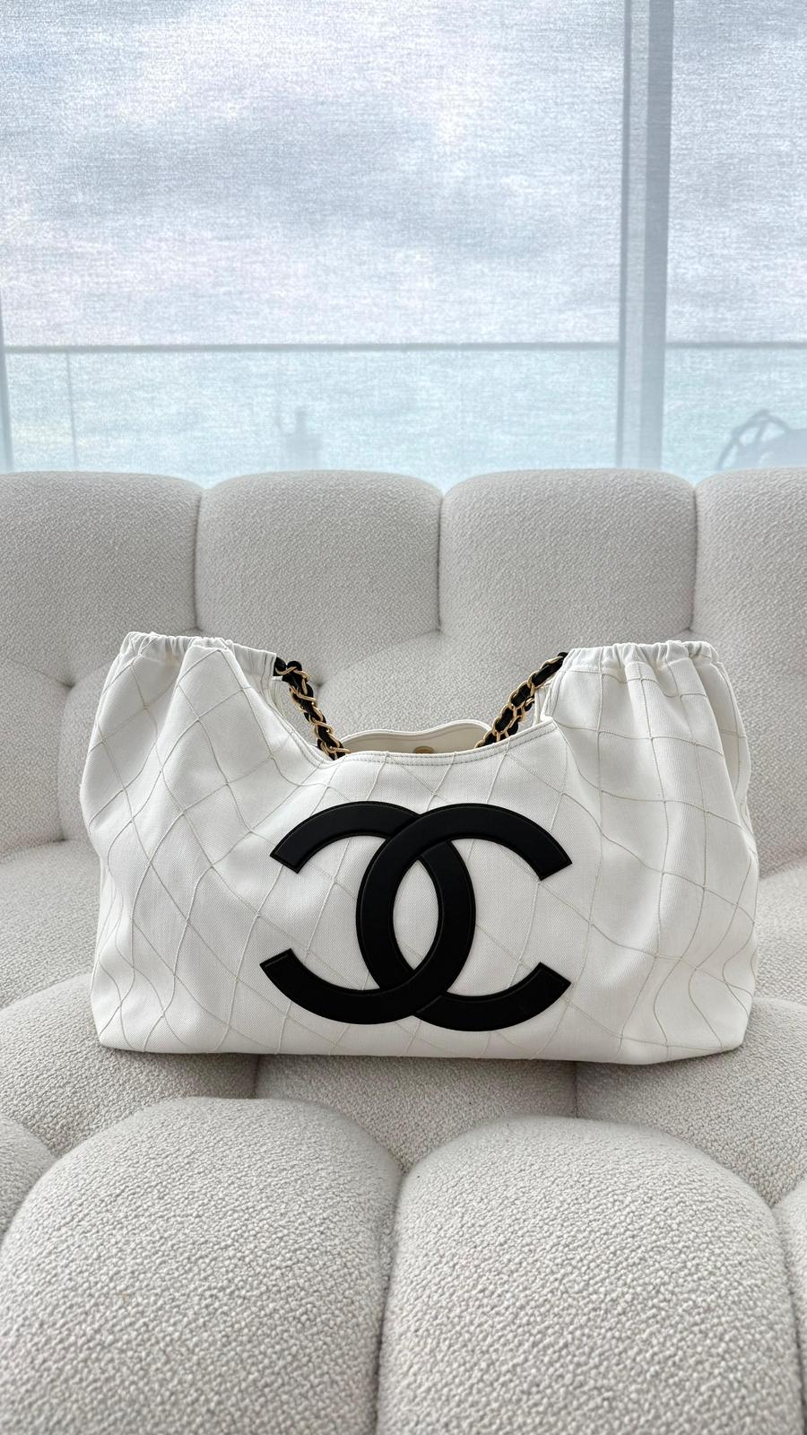 Chanel Coco Beach 2026 Small Tote Denim, Calfskin & Gold-Tone Metal Black and White