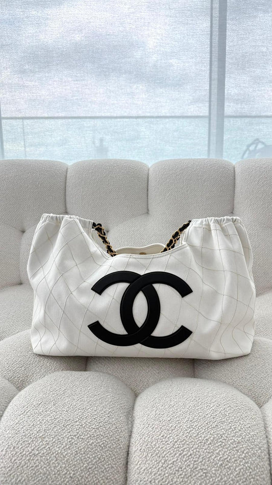 Chanel Coco Beach 2026 Small Tote Denim, Calfskin & Gold-Tone Metal Black and White