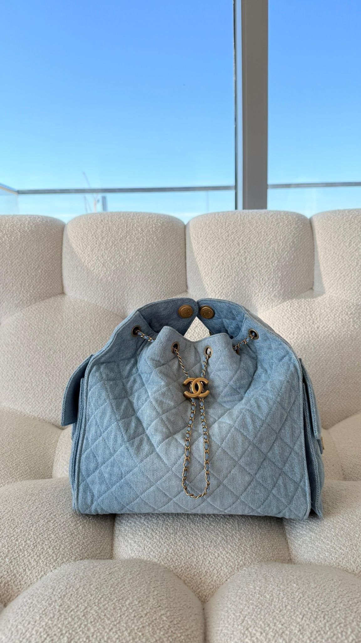 Chanel 25 Medium Handbag Washed Denim & Gold-Tone Metal Blue